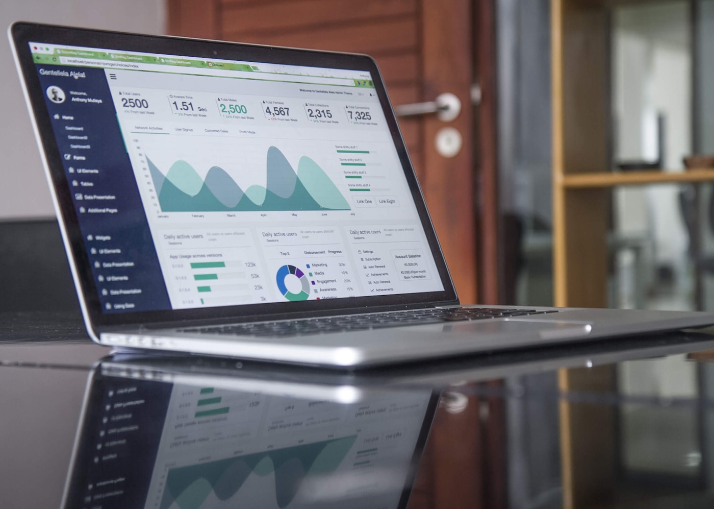 Laptop displaying a financial dashboard with charts and budget figures